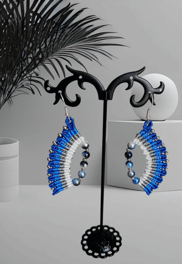 Boho σκουλαρίκια γυναικεία micro macrame μπλέ ασημί