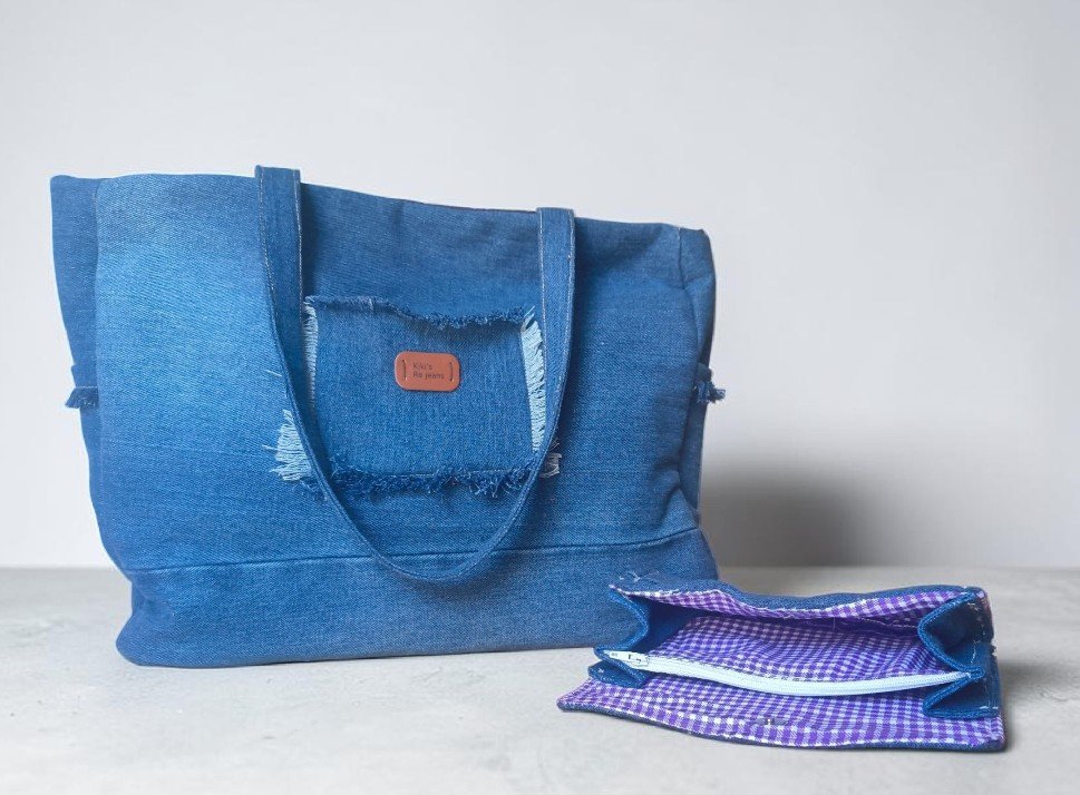 Σετ Upcycled Τζιν Μεγάλη Τσάντα & Ασορτί Πορτοφόλι «Kiki's Re-jeans»