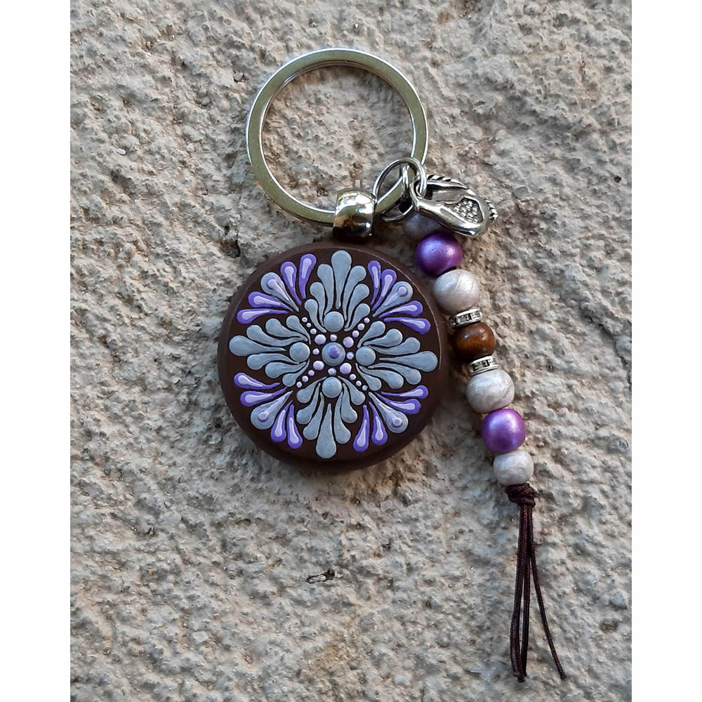 Μπρελόκ mandala μωβ ασημί, ζωγραφισμένο στο χέρι