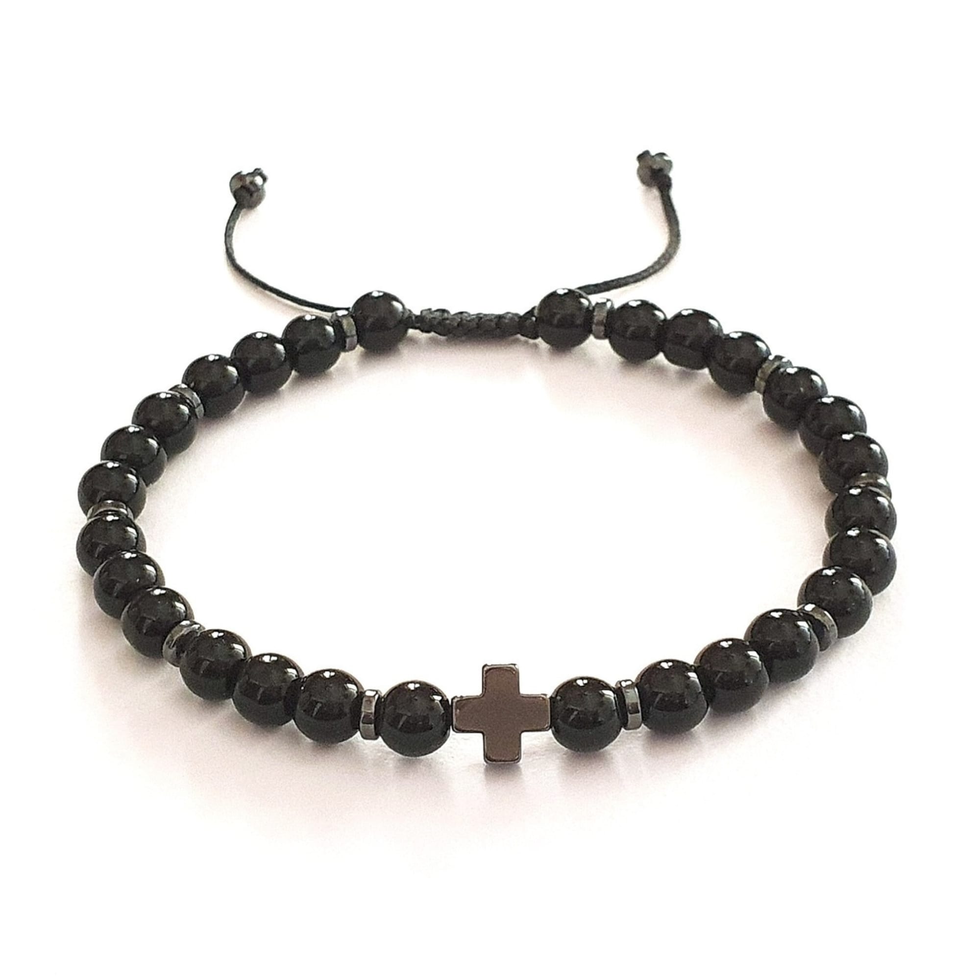 Αντρικό βραχιόλι με σταυρό από αιματίτη και πέτρες μαύρου όνυχα