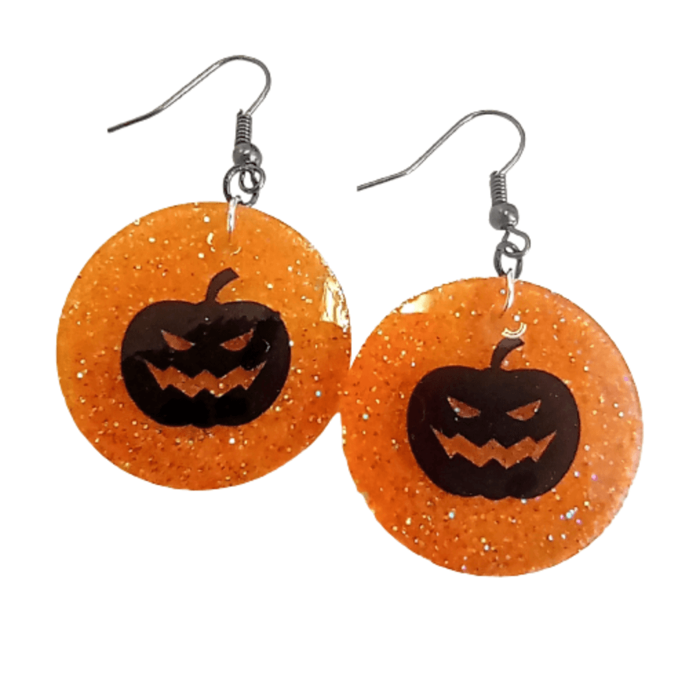Σκουλαρίκια κυκλικά Halloween pumpkin με υγρό γυαλί