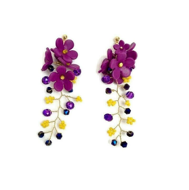 Σκουλαρίκια Καρφωτά με Σύρμα και Χάντρες σε Μωβ-Κίτρινο Χρώμα με Λουλούδια από Πολυμερικό Πηλό