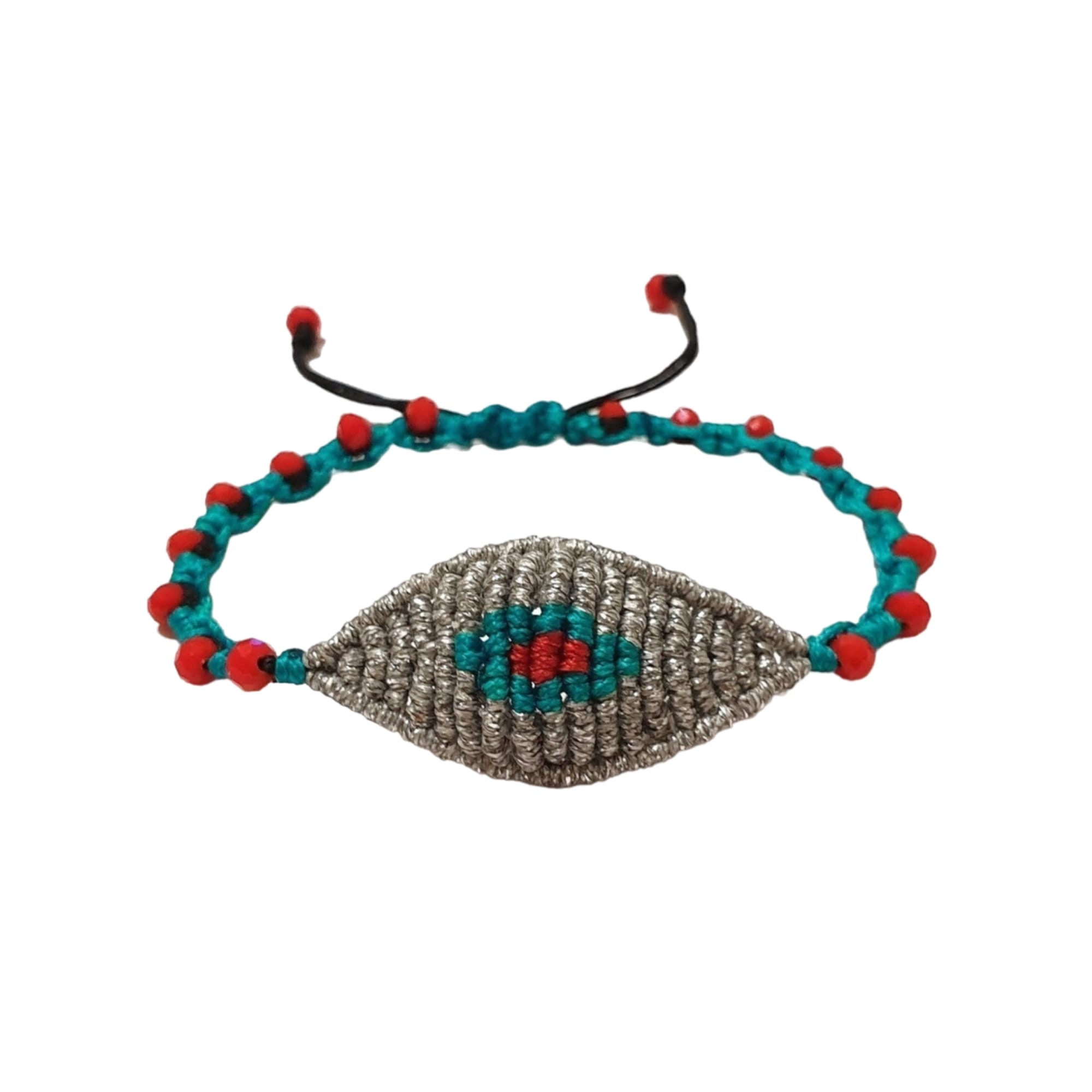 Βραχιόλι boho μάτι χειροποίητο μακραμέ ασημί με κρυστάλλινες χάντρες