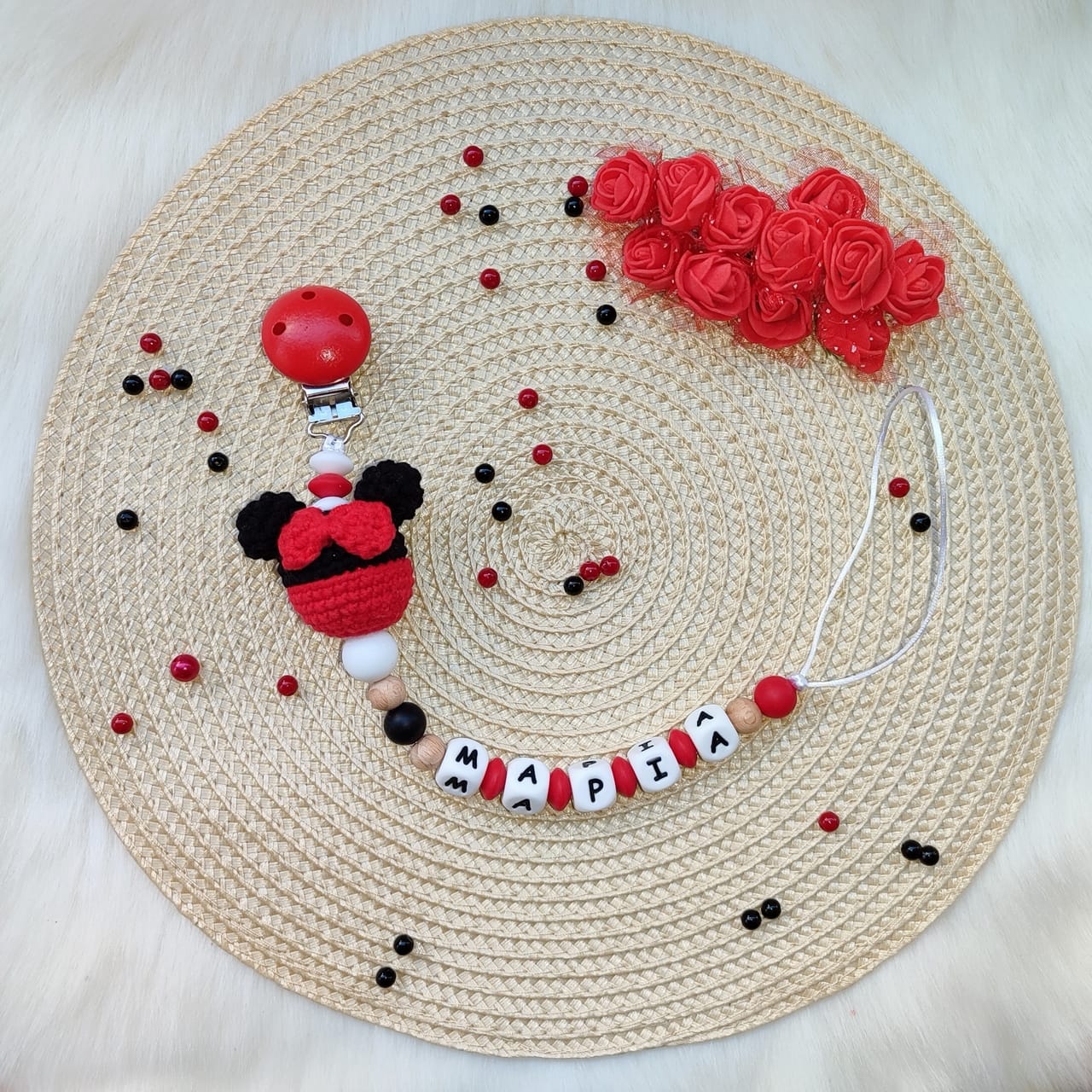 Κλιπ πιπίλας κόκκινο μαύρο Minnie με όνομα