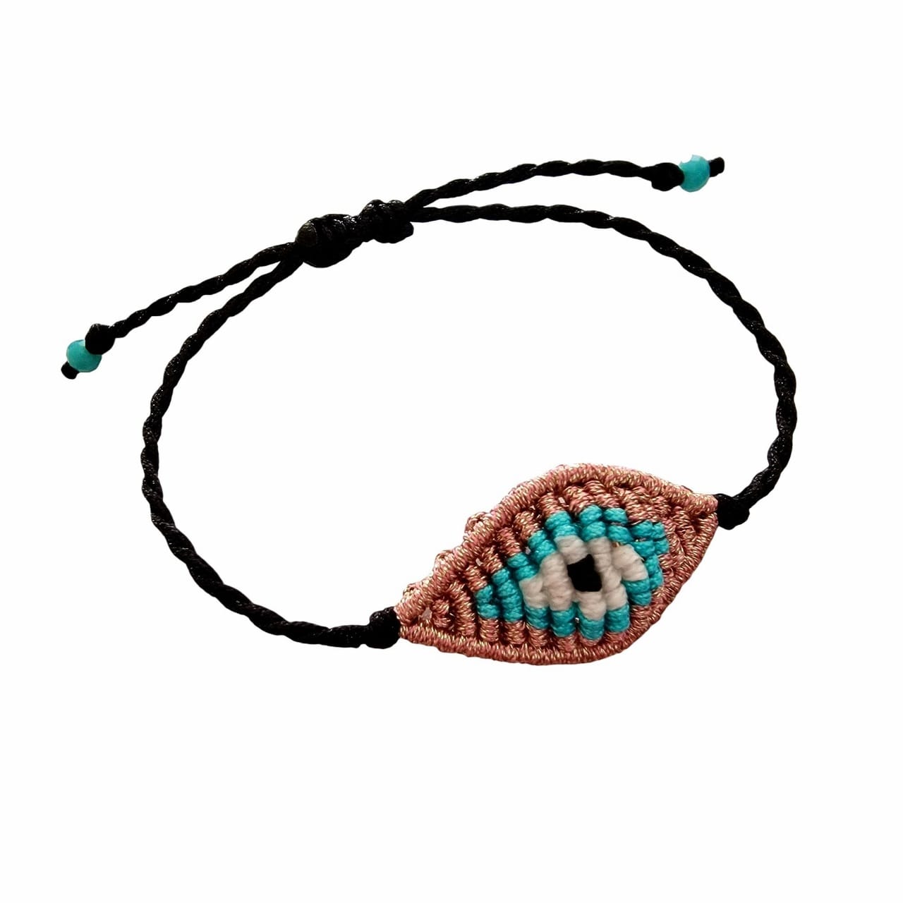 Βραχιόλι boho chic μάτι χειροποίητο μακραμέ ροζ χρυσό μεταλιζέ με κούμπωμα αυξομείωσης