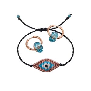 Σετ βραχιόλι boho chic μάτι χειροποίητο μακραμέ και σκουλαρίκια ατσάλινοι κρίκοι ροζ χρυσό