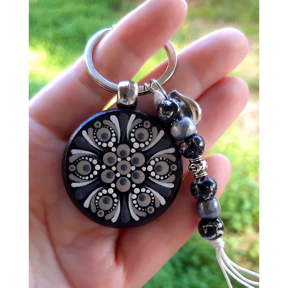 Μπρελόκ mandala γκρι ασημί, ζωγραφισμένο στο χέρι