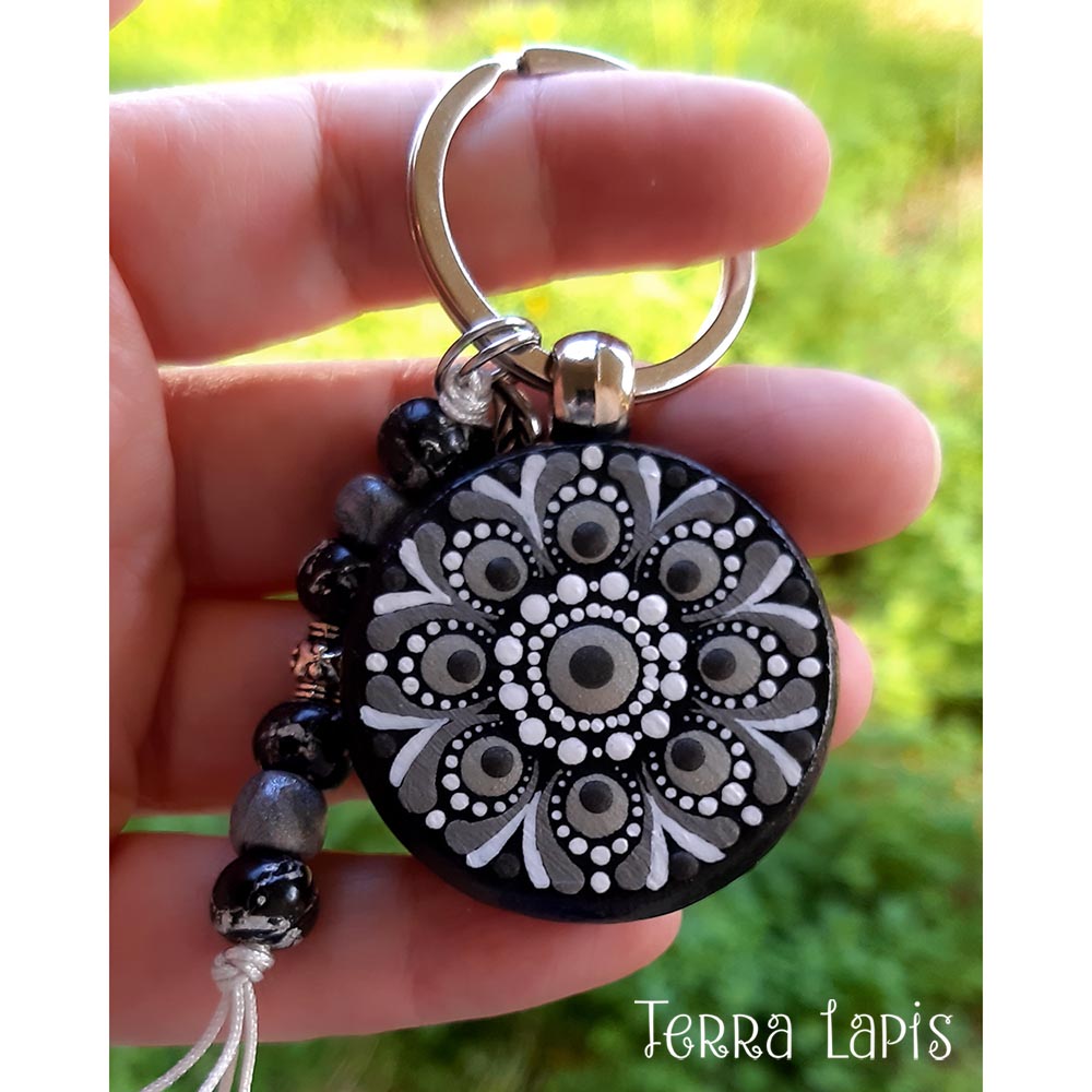Μπρελόκ mandala γκρι ασημί, ζωγραφισμένο στο χέρι