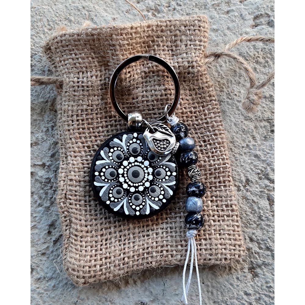 Μπρελόκ mandala γκρι ασημί, ζωγραφισμένο στο χέρι