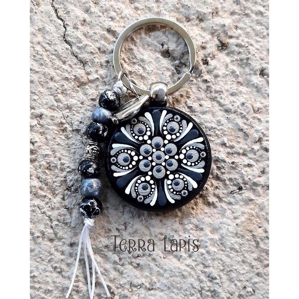 Μπρελόκ mandala γκρι ασημί, ζωγραφισμένο στο χέρι