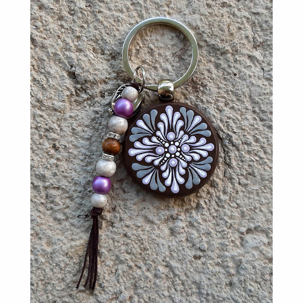 Μπρελόκ mandala μωβ ασημί, ζωγραφισμένο στο χέρι