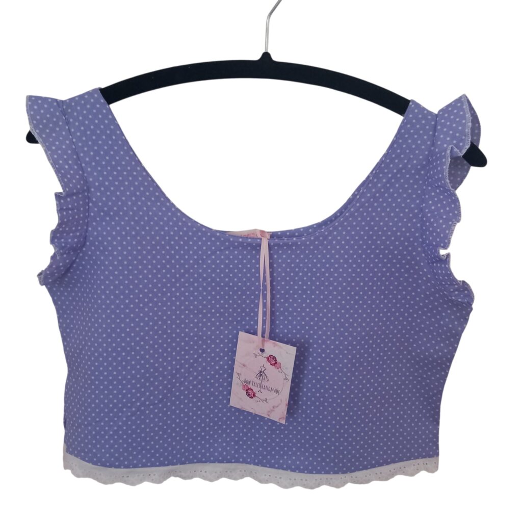Χειροποίητο crop top πουά μωβ με βολάν