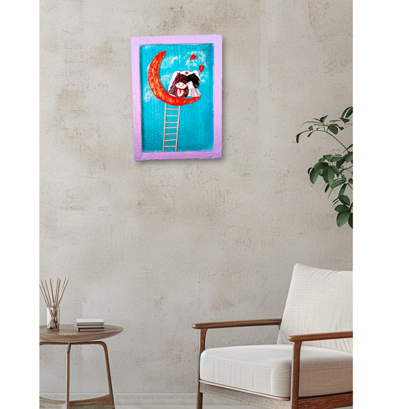 Δωρο Αγ. Βαλεντινου .Χειροποίητο κάδρο ή επιτραπέζιο διακοσμητικό σε μοντέρνο ύφος << ερωτευμενο ζευγαρι στο φεγγαρι>>