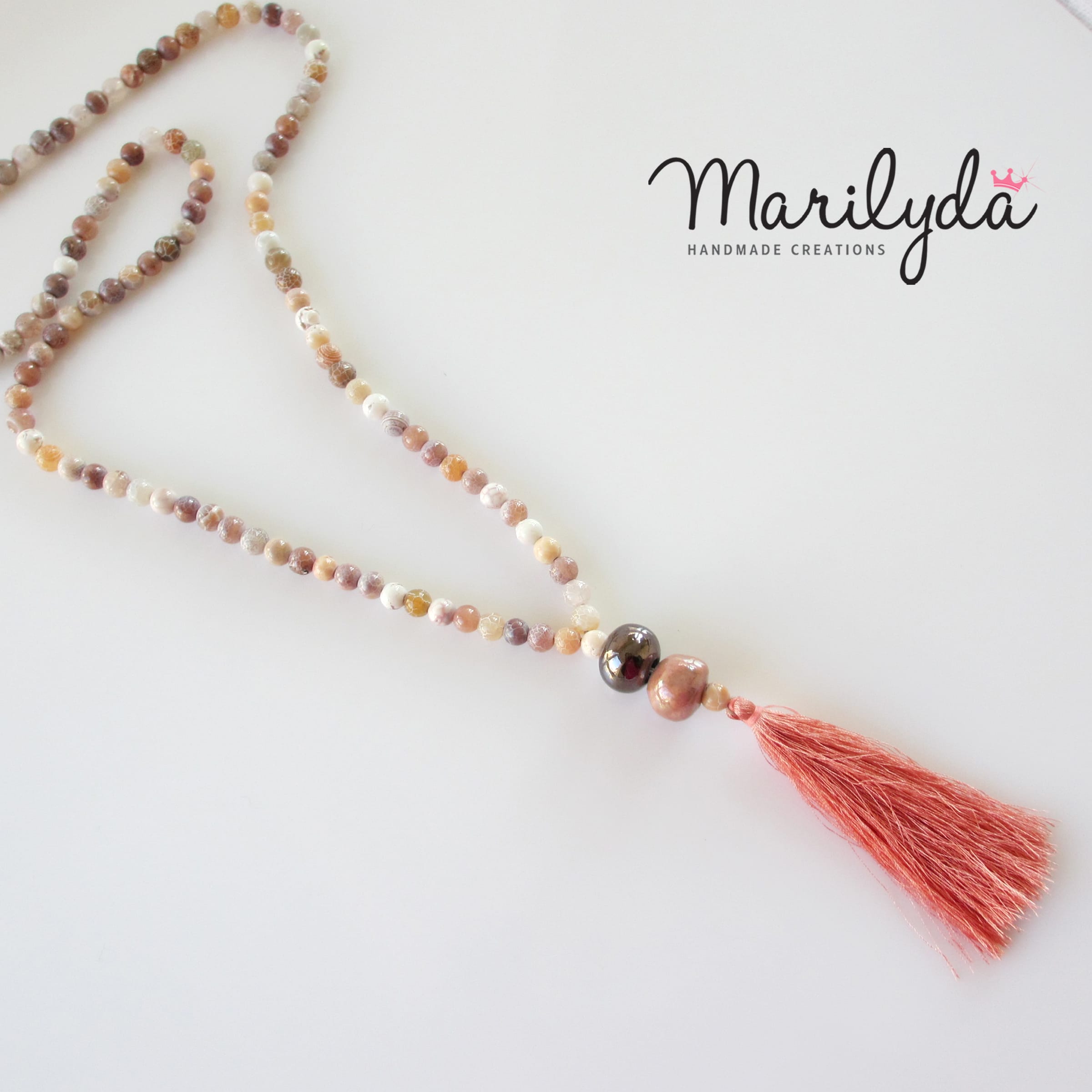 Beige Agate Μακρύ κολιέ από Αχάτη
