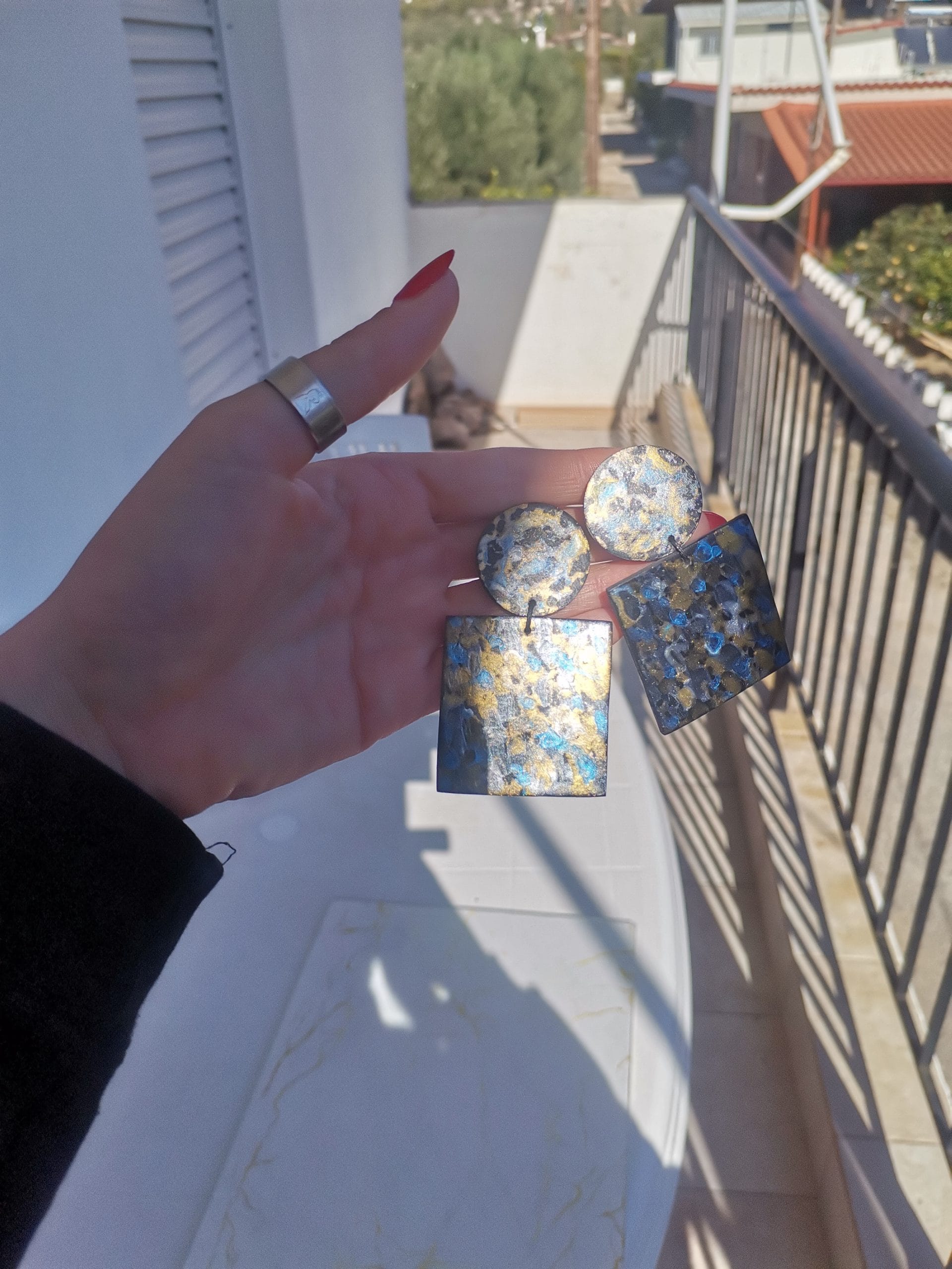 Handmade σκουλαρίκια "squares" μαύρο, ασημί, χρυσό, μπλε