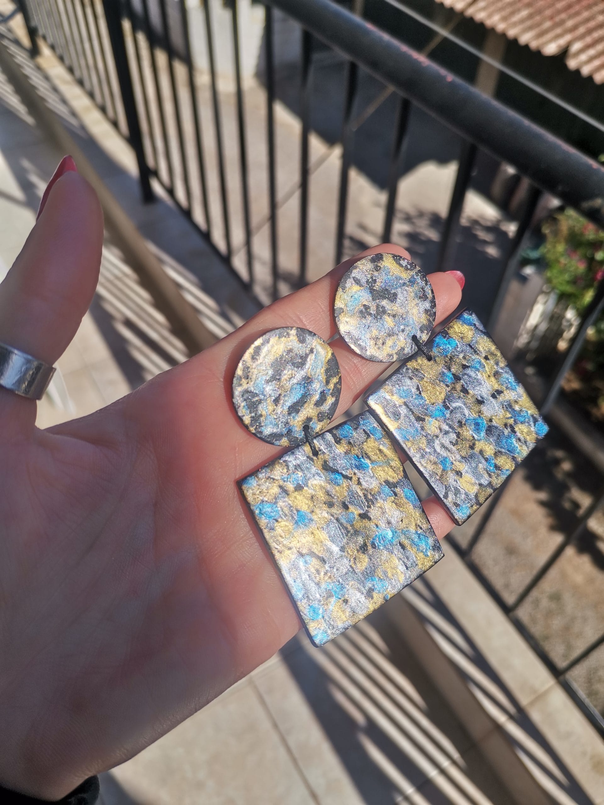 Handmade σκουλαρίκια "squares" μαύρο, ασημί, χρυσό, μπλε