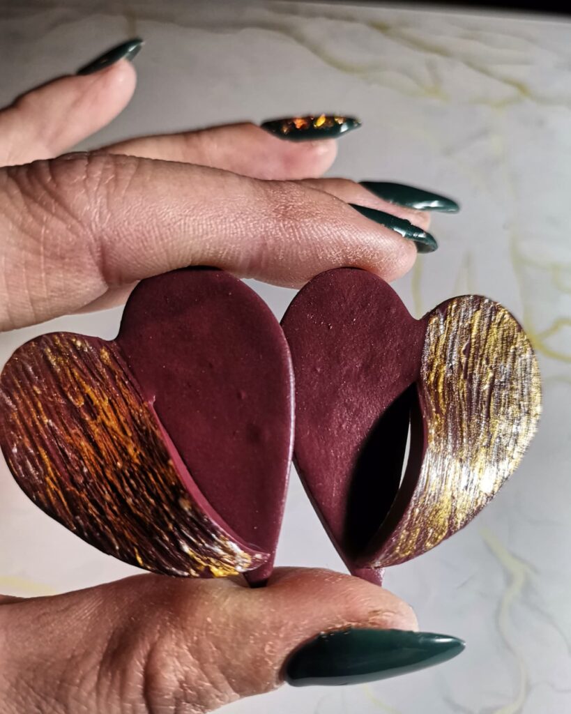 Handmade σκουλαρίκια "split heart" Μπορντό-γκρι, ασημί - χρυσό