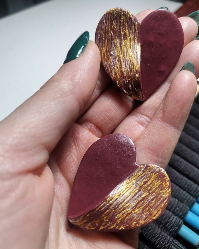 Handmade σκουλαρίκια "split heart" Μπορντό-γκρι, ασημί - χρυσό
