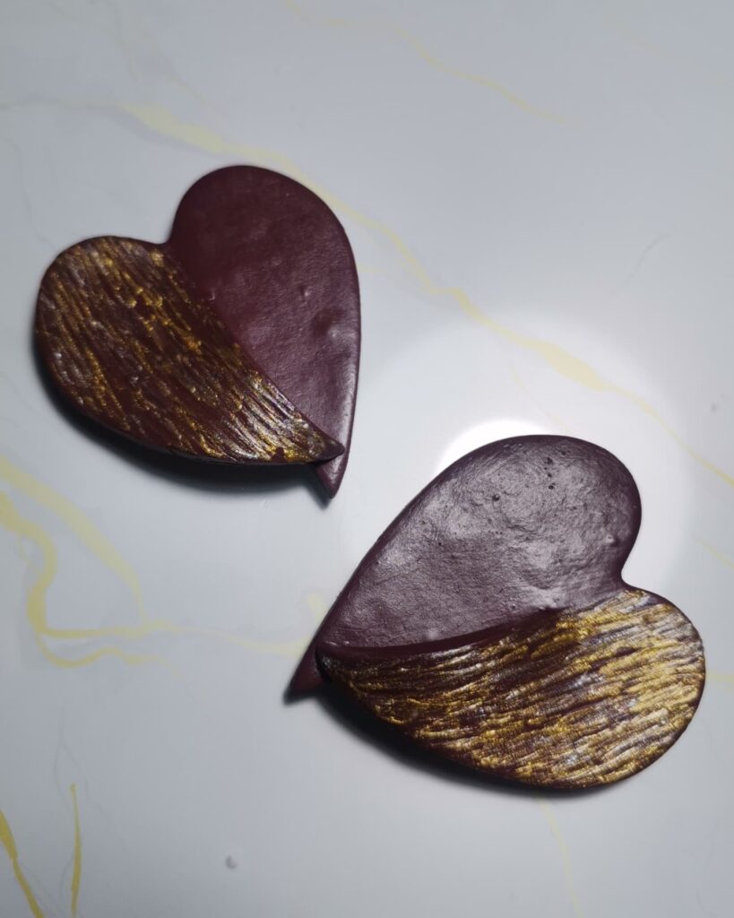 Handmade σκουλαρίκια "split heart" Μπορντό-γκρι, ασημί - χρυσό