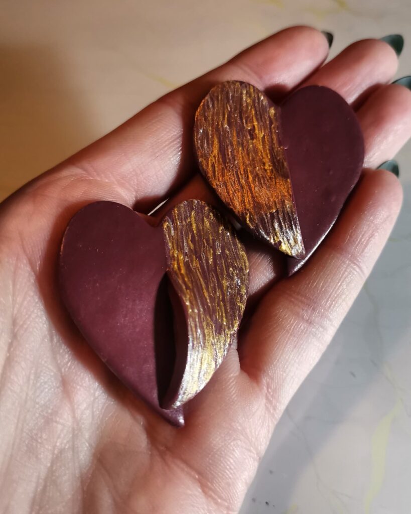 Handmade σκουλαρίκια "split heart" Μπορντό-γκρι, ασημί - χρυσό