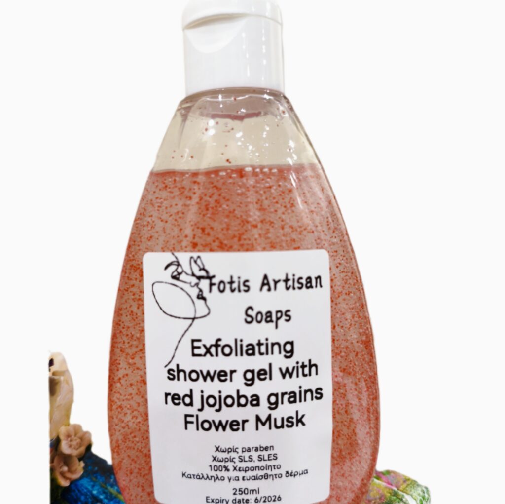 Exfoliating foam bath with red jojoba granules Απολεπιστικό αφρόλουτρο με κόκκινους κόκκους jojoba & Άλλοη Βέρα 250ml