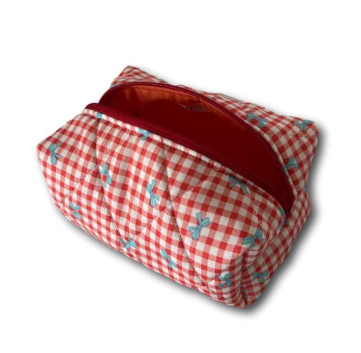 Red gingham-blue bows beauty bag
