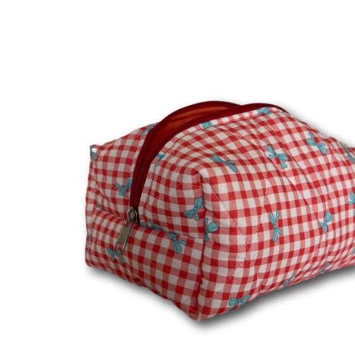 Red gingham-blue bows beauty bag