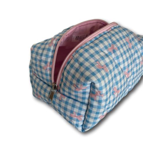 Light blue gingham-pink bows beauty bag