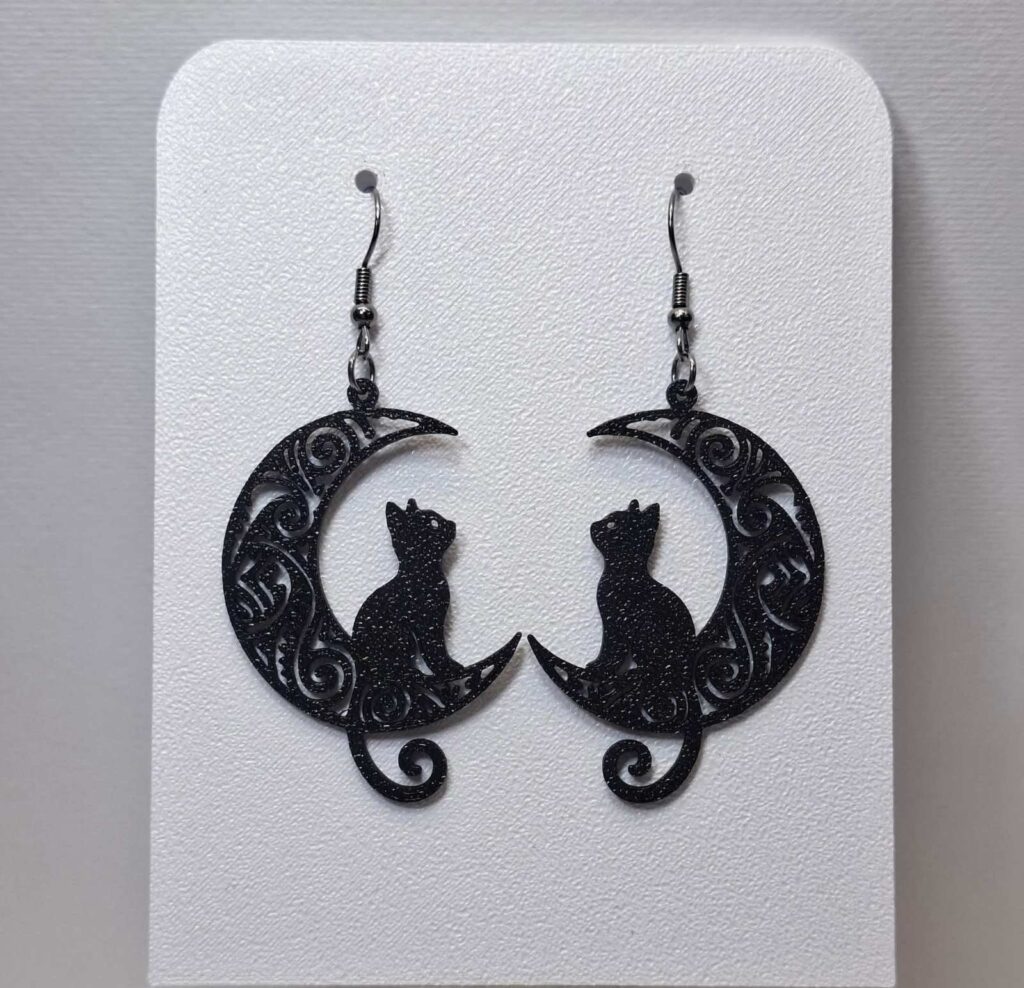 3D Printed Earrings ''Black Moon & Cat Silhouette''