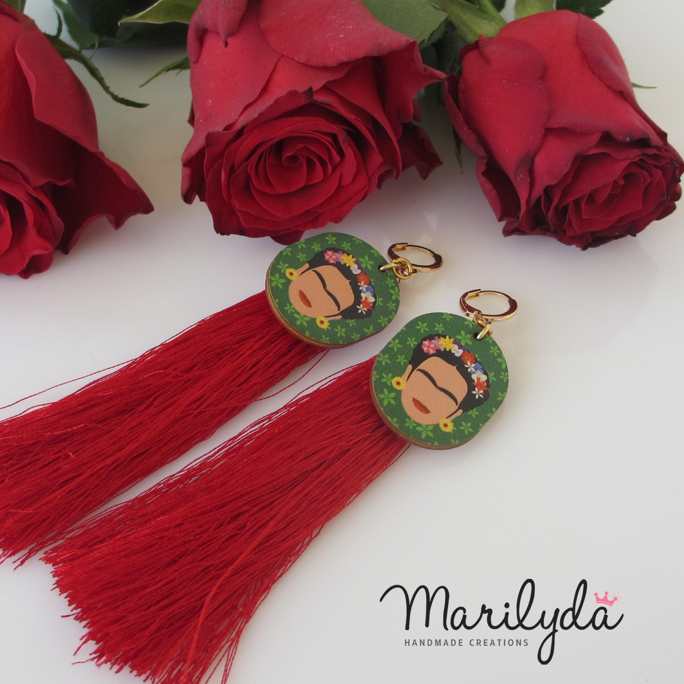 Μακριά σκουλαρίκια Frida Kahlo με κόκκινη φούντα
