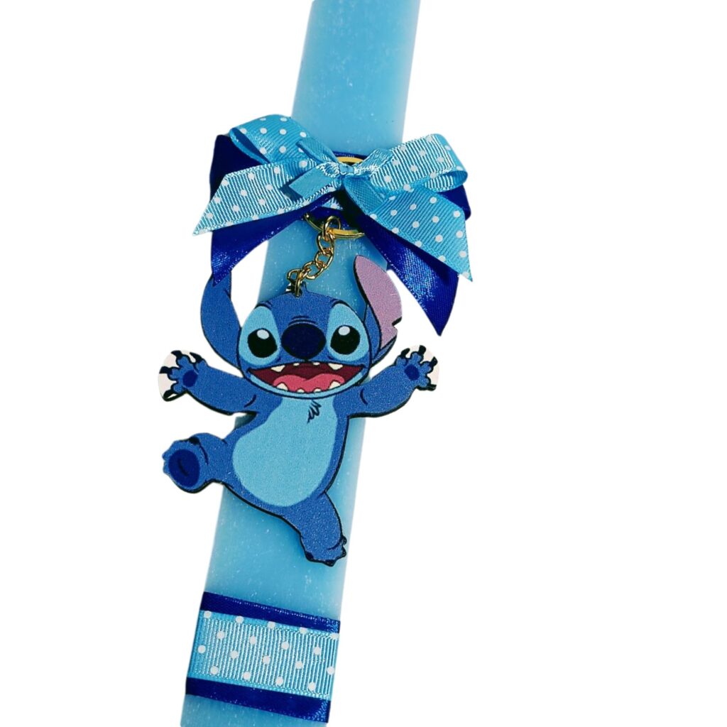 Πασχαλινή λαμπάδα Stitch με ξύλινο μπρελόκ