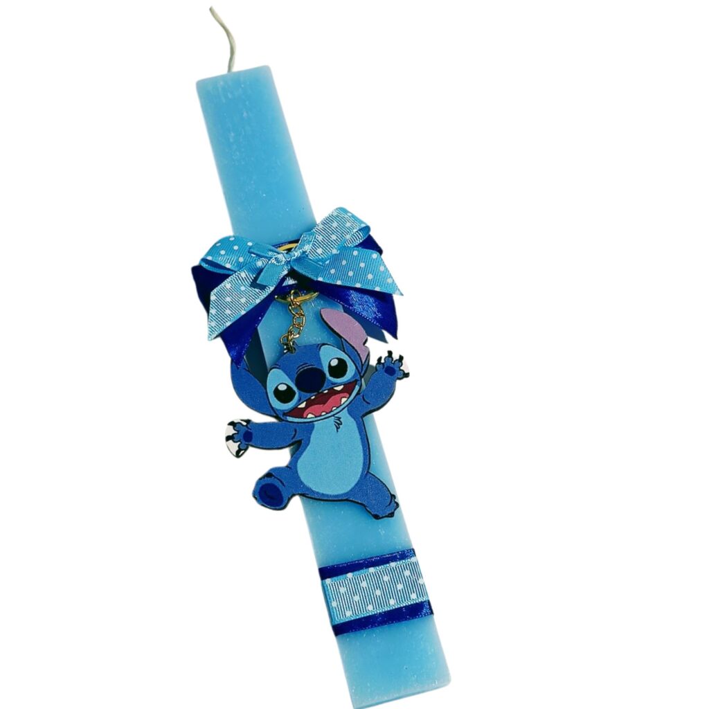 Πασχαλινή λαμπάδα Stitch με ξύλινο μπρελόκ