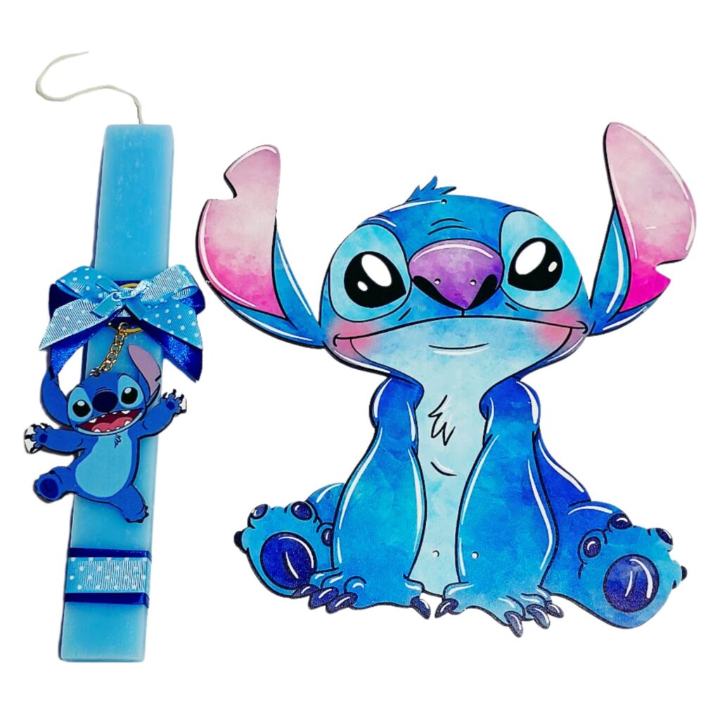Πασχαλινή λαμπάδα Stitch με ξύλινο μπρελόκ και πλάτη