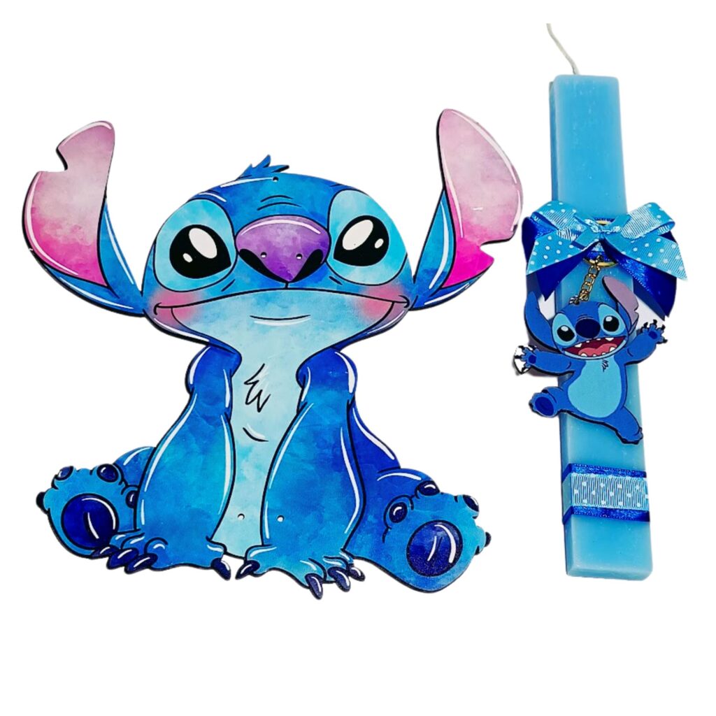 Πασχαλινή λαμπάδα Stitch με ξύλινο μπρελόκ και πλάτη