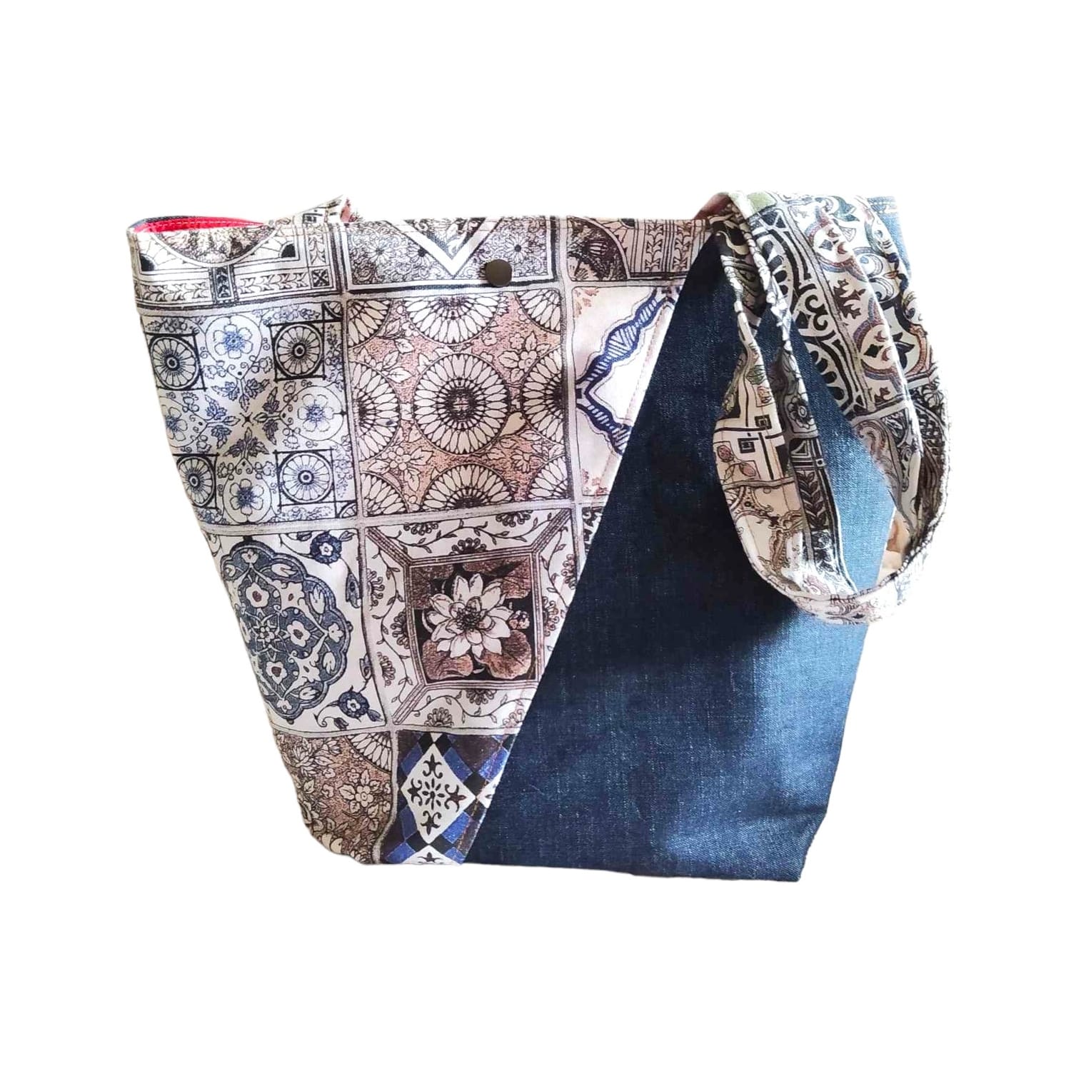 Χειροποίητη τσάντα tote ώμου από blue-black τζιν και λονέτα