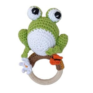 Βρεφική πλεκτή κουδουνίστρα (amigurumi) “βατραχάκι στον κήπο”