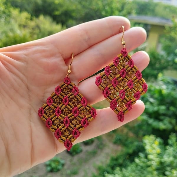 Ατσάλινα Σκουλαρίκια Boho Μακραμέ Ρόμβος σε Γεωμετρικό Σχέδιο