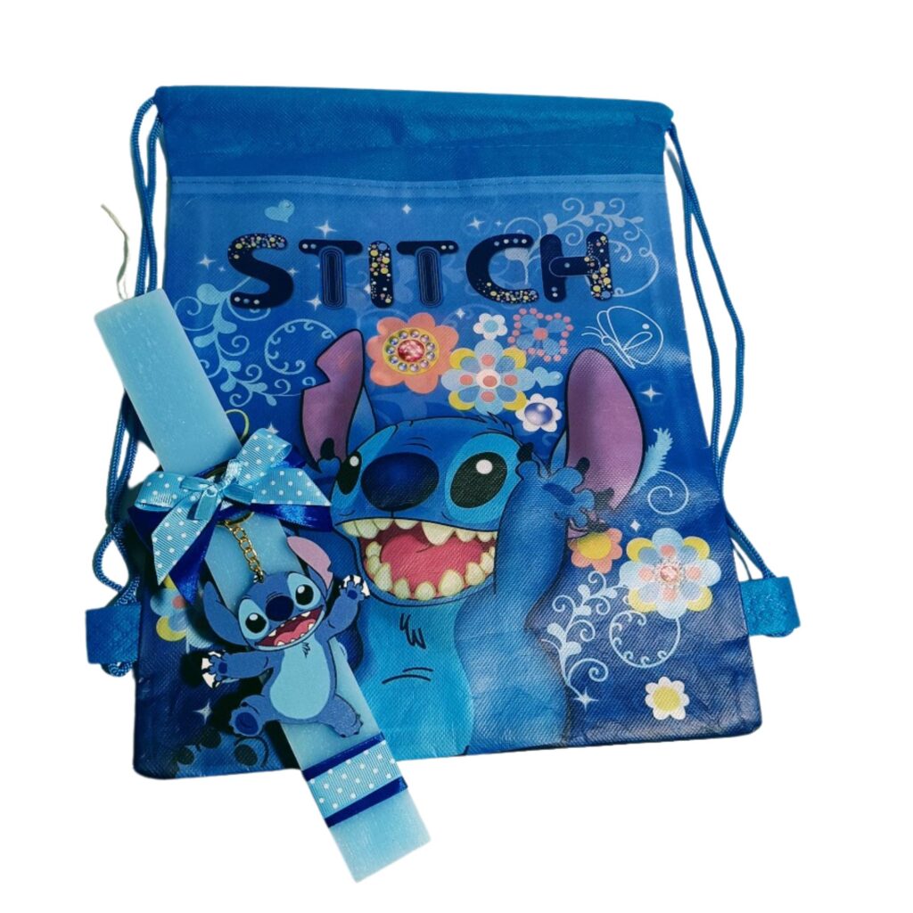 Πασχαλινή λαμπάδα Stitch με ξύλινο μπρελόκ και σακίδιο
