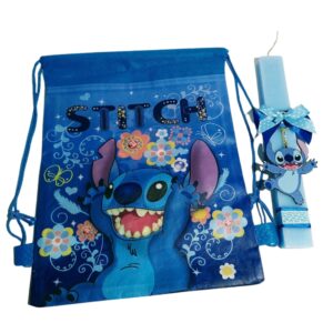 Πασχαλινή λαμπάδα Stitch με ξύλινο μπρελόκ και σακίδιο
