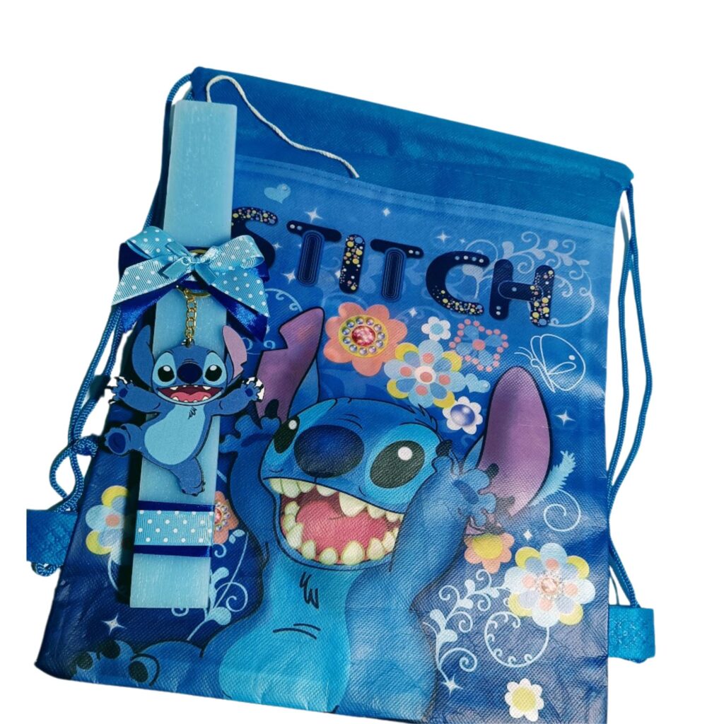 Πασχαλινή λαμπάδα Stitch με ξύλινο μπρελόκ και σακίδιο