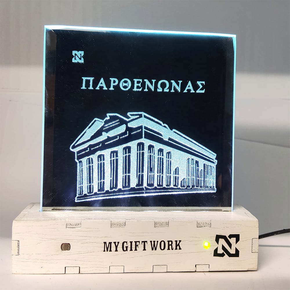 Ξύλινο φωτιζόμενο διακοσμητικό καθρέπτης Παρθενώνας βάση άσπρη.