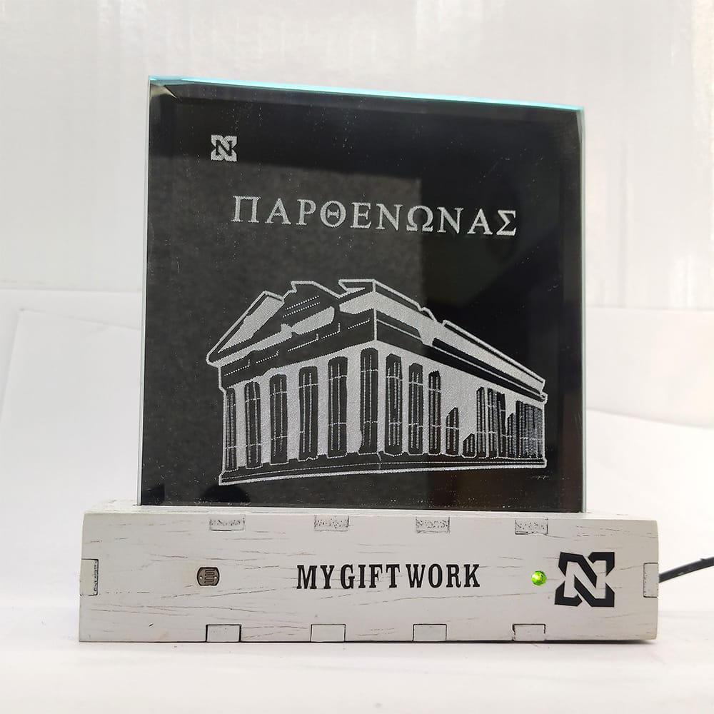 Ξύλινο φωτιζόμενο διακοσμητικό καθρέπτης Παρθενώνας βάση άσπρη.