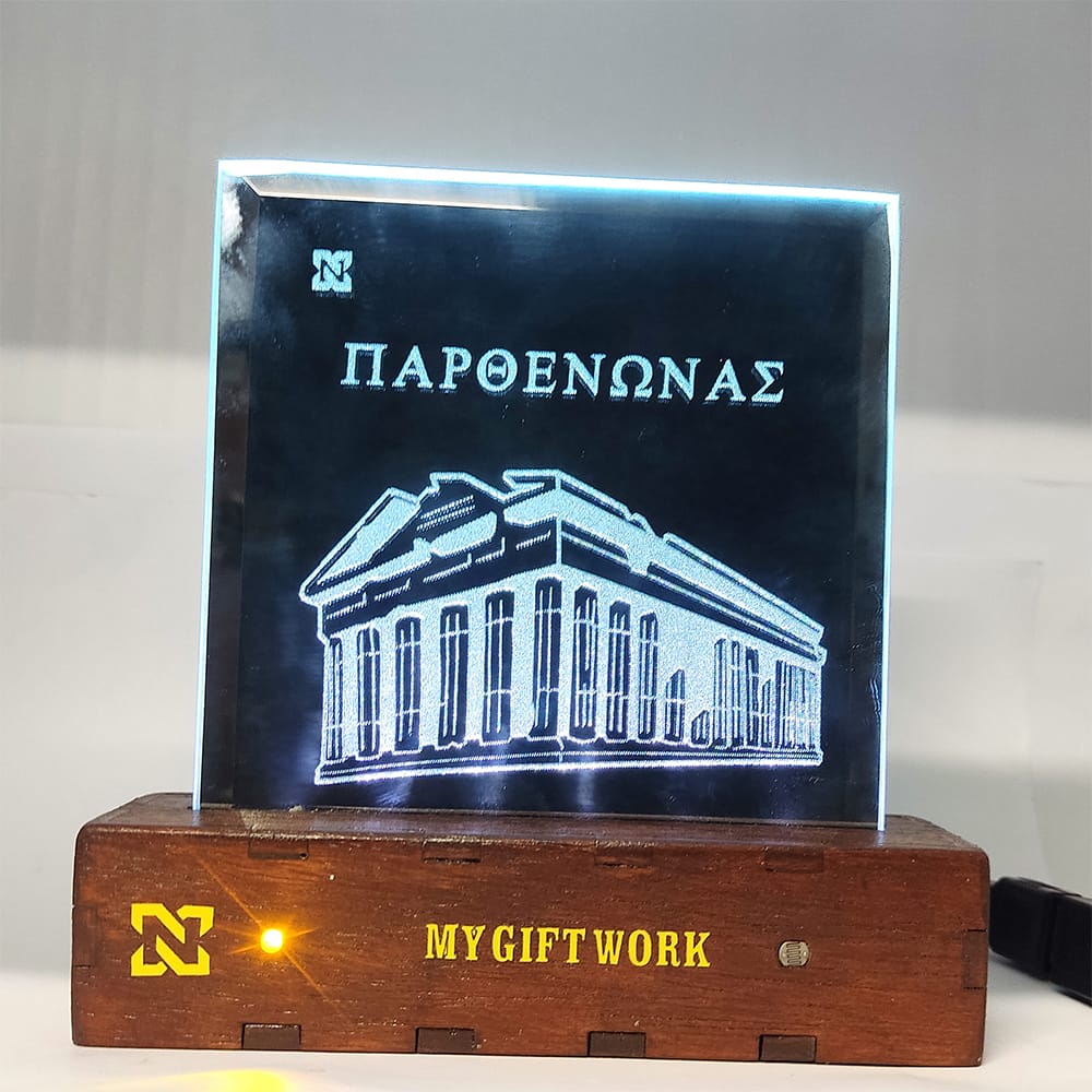 Ξύλινο φωτιζόμενο διακοσμητικό καθρέπτης Παρθενώνας βάση Καρυδιά.