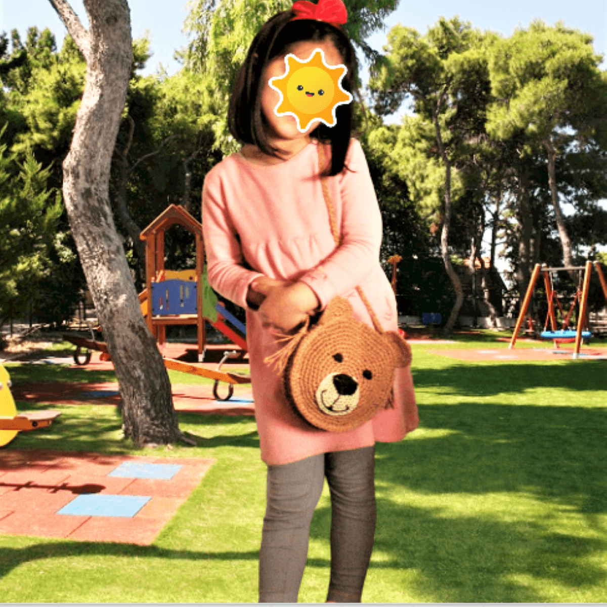 Πλεκτή χειροποίητη τσάντα αρκουδάκι πλεγμένη με φυσική ψάθα